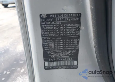 2009 Land Rover Range Rover Sport Supercharged z USA, uszkodzony, nr VIN SALSH23459A193435